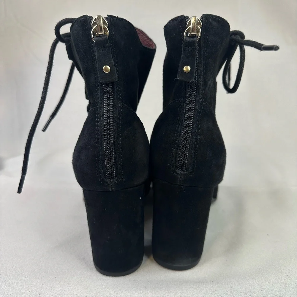 Black Suede Ankle Boots Block Heel Lace Back Zip Booties Size 7.5M Leather Upper